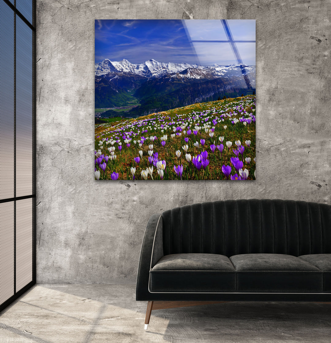 Alpine Meadow Glass Wall Art – Majestic Mountain & Blooming Wildflower Landscape