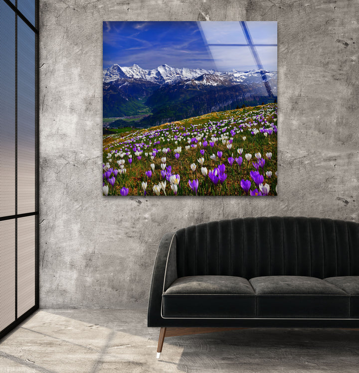 Alpine Meadow Glass Wall Art – Majestic Mountain & Blooming Wildflower Landscape