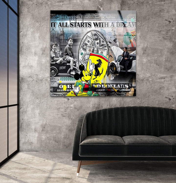 Money & Mickey Mouse Glass Wall Art custom glass photo prints, large glass prints
