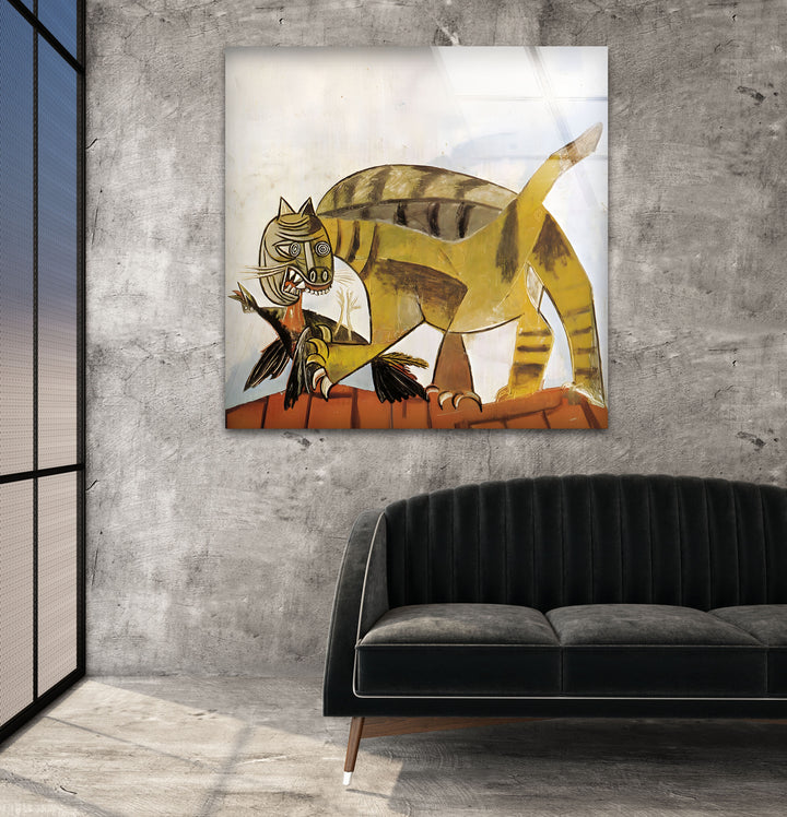 Cat Devouring a Bird by Pablo Picasso Glass Wall Art