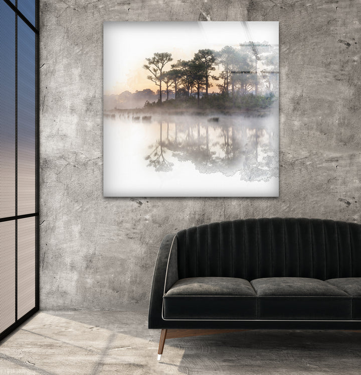 Large landscape wall art capturing a dreamy foggy forest reflected in still waters.
