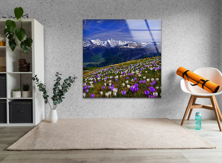 Alpine Meadow Glass Wall Art – Majestic Mountain & Blooming Wildflower Landscape