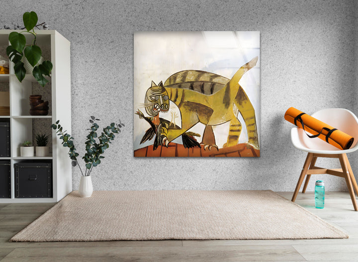 Cat Devouring a Bird by Pablo Picasso Glass Wall Art