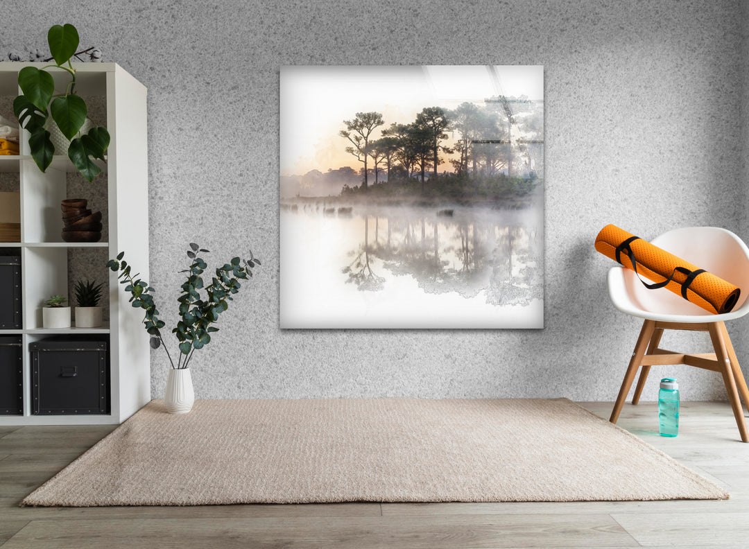 Black and white nature print showcasing foggy trees and a still water reflection.
