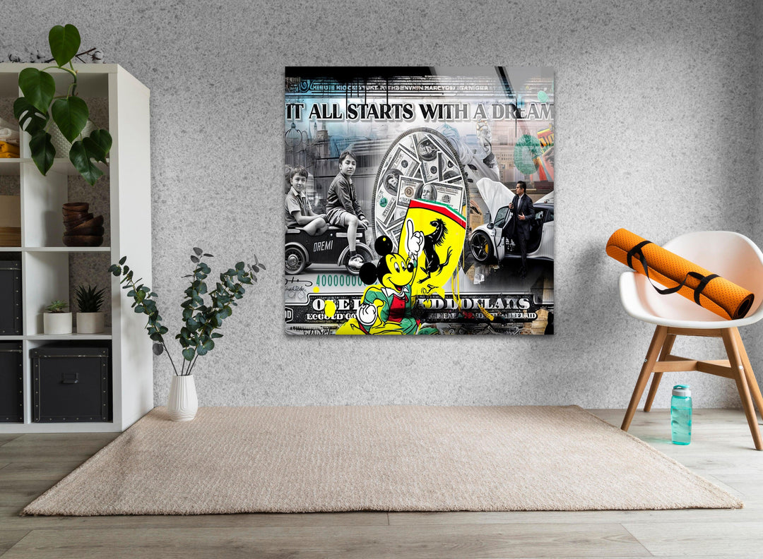 Money & Mickey Mouse Glass Wall Art picture on glass wall art, photos printed on glass
