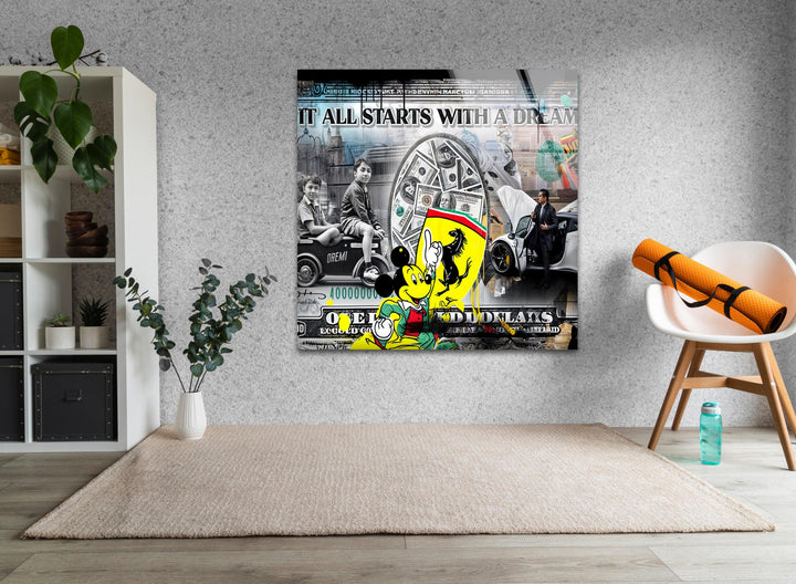 Money & Mickey Mouse Glass Wall Art picture on glass wall art, photos printed on glass
