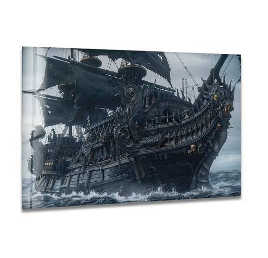 A dark, intricately detailed pirate ship emerges from layered ocean swells, a dramatic scene on this glass wall art.