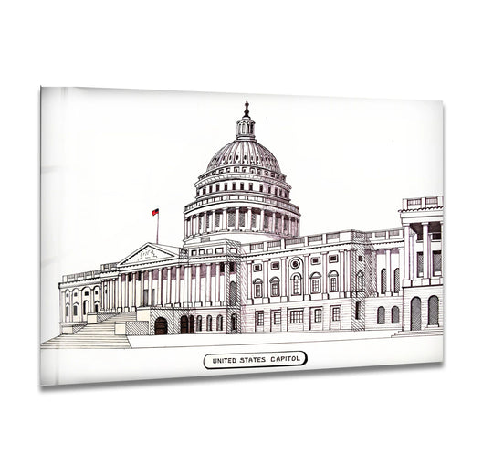 Highlighting the layering effect, this United States Capitol architectural sketch design in glass art showcases depth with its iconic building elements.