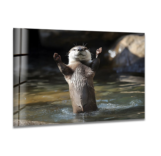 A playful wet otter emerges from dark water into sunlight, showcasing a glass art painting transition of rich browns and soft tans.