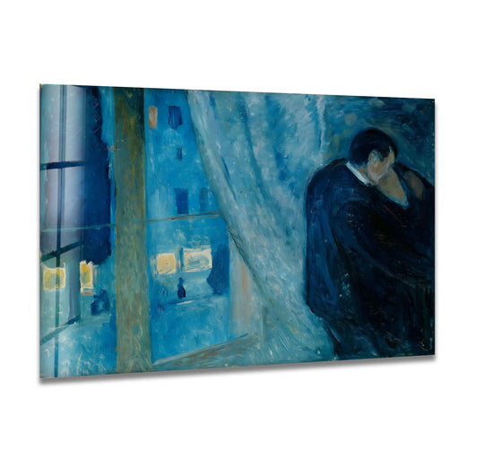 Vibrant blues and warm yellow lights create a striking color contrast in this famous glass art painting of The Kiss.