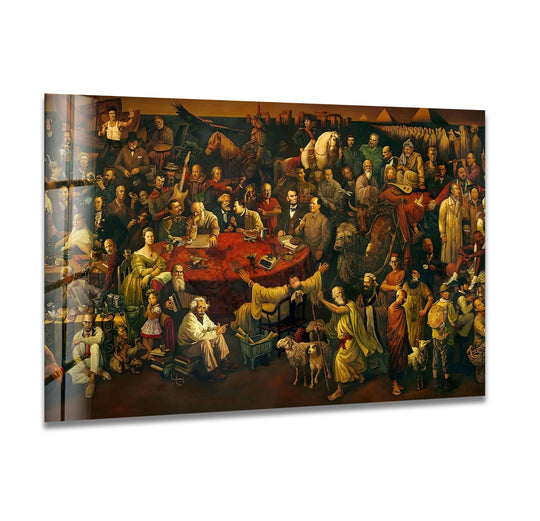 A vast, layered glass wall art captures a gathering of historical figures with a sense of depth and immense detail.