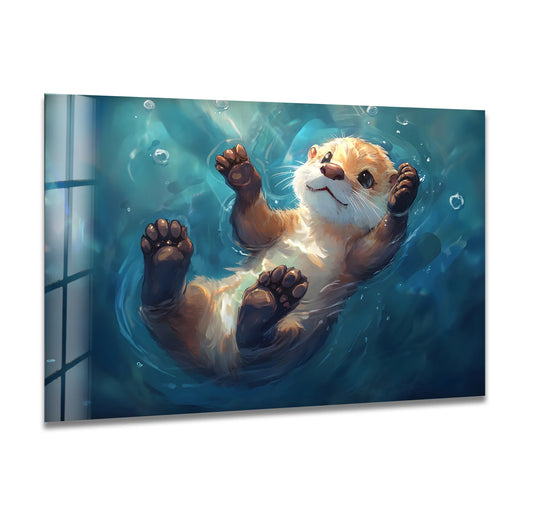 A cute baby otter floats happily in blue water in this playful glass wall art decor.