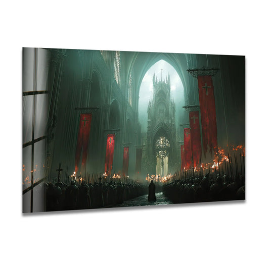 A dark, gothic cathedral interior with red banners, fires, and armored figures, part of unique modern wall decor.