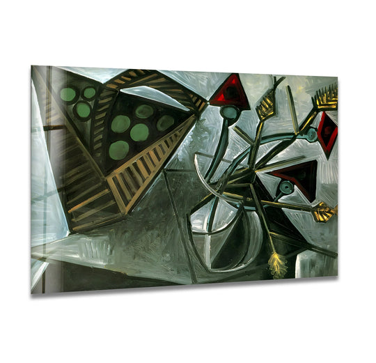 A still life glass wall artwork capturing the quiet elegance of Pablo Picasso's abstract composition.