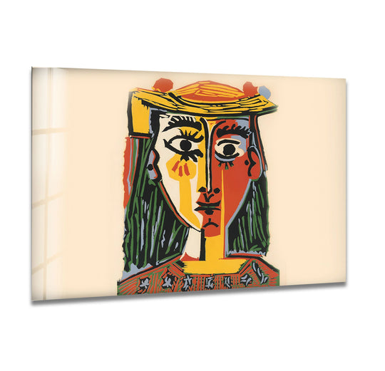 A striking Picasso 'Woman With a Hat' on glass, showcasing a vibrant and unique modern wall decor finish.