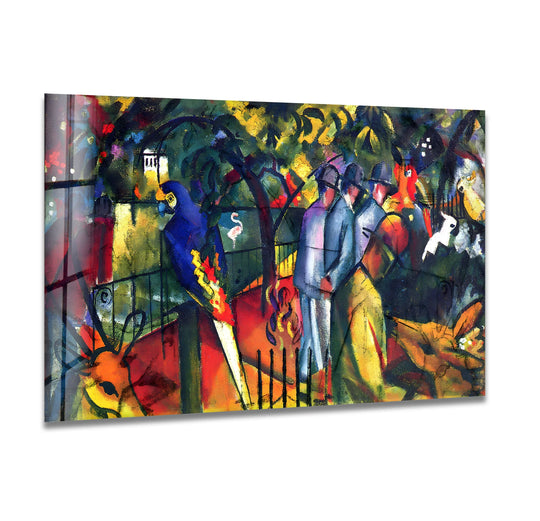 Vibrant glass wall art features a warm, golden color temperature and a playful scene of a zoo with a blue parrot.