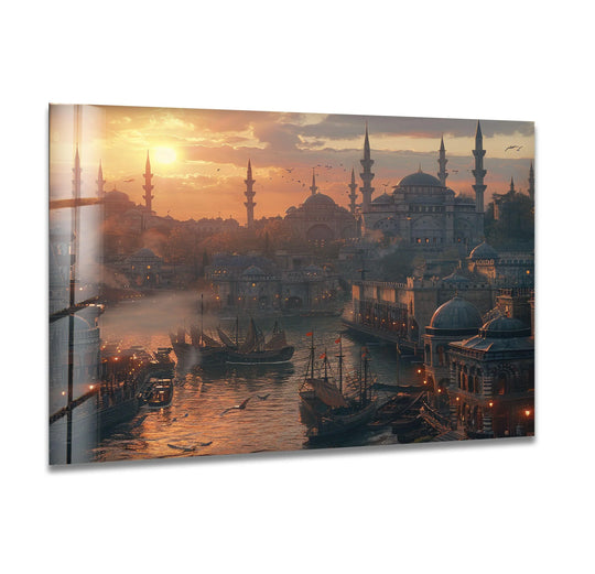 City Prints featuring a sunset motif and Istanbul architecture is glass wall art and glass photo prints plus vibrant wall decor and ancient theme