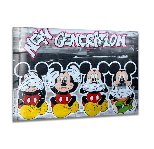 Depicted close-up are cartoon characters in the foreground, showcasing the vibrant details of this New Generation urban pop art tempered glass wall art.