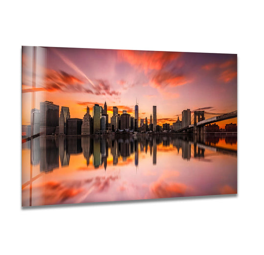 City Prints featuring a glossy finish and a horizontal orientation and New York City Glass Wall Art plus Brooklyn Bridge and sunset skyline reflection