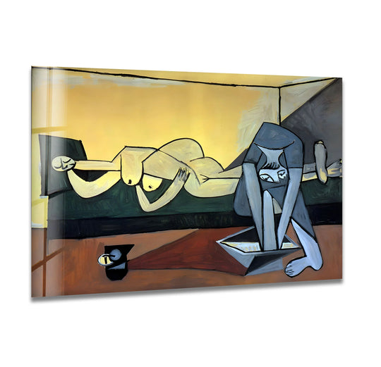 Darkest areas of Pablo Picasso's Woman Washes Foot glass printing show deep shadows and abstract forms.