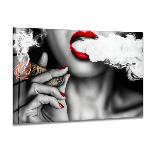 Wisps of smoke billow from the cigar, creating a sense of movement within this striking art from glass.