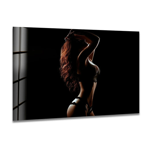 Modern glass wall art showcasing sensual naked art and erotic paintings

