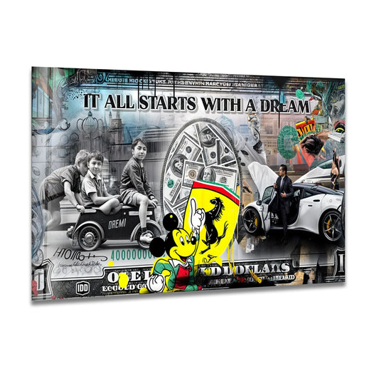 Frozen in time, this 'It All Starts With a Dream' motivational luxury art from glass captures a vibrant yet still moment, blending ambition and a symbol of success.