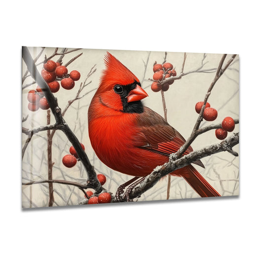 The animal glass wall art features a red cardinal bird and winter berries for a vibrant nature decor print and bird wall art