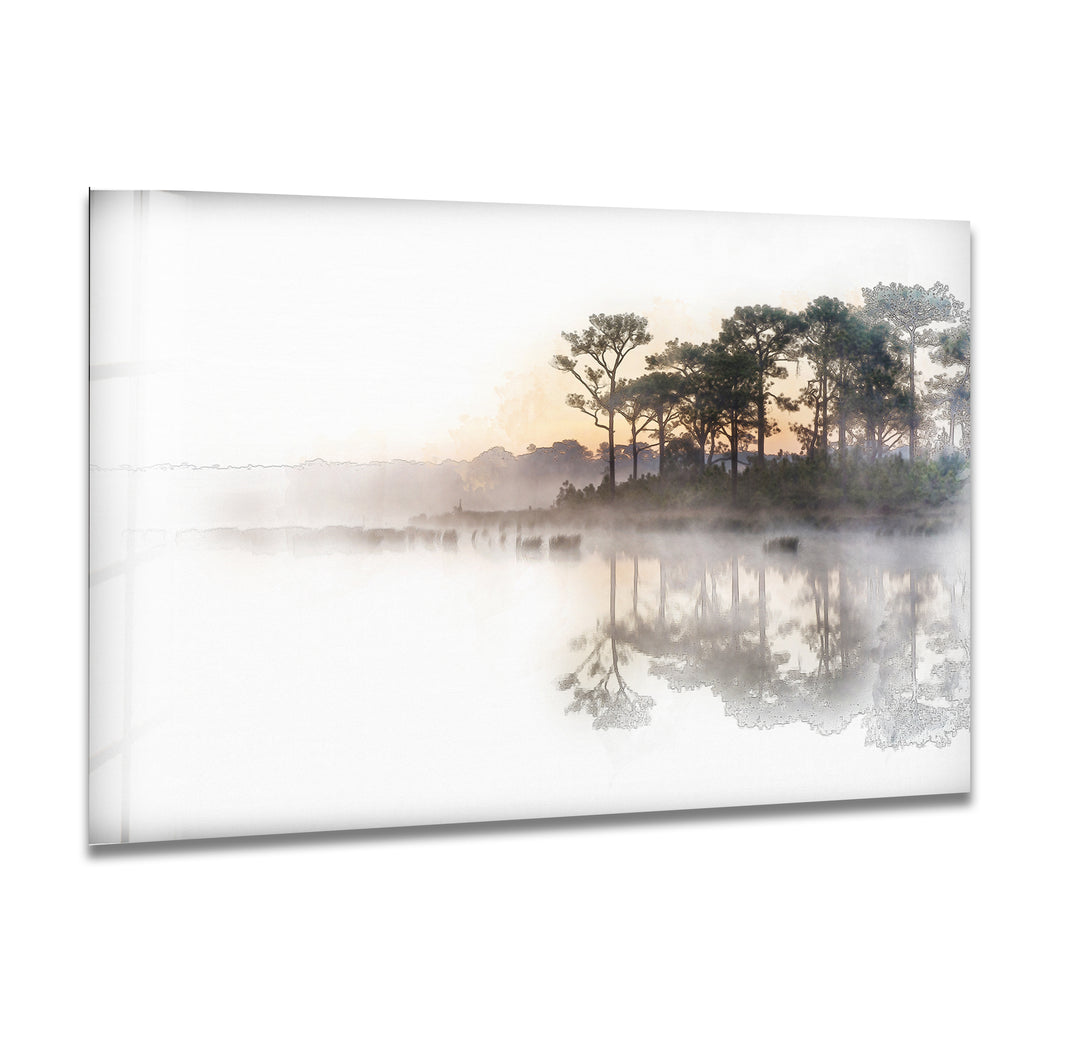 Misty forest reflections glass wall art showcasing a serene lake surrounded by fog and trees.
