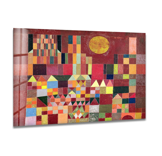 A radiant sun transitions to a mosaic of rich geometric hues in this glass art painting.