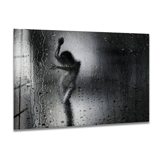Modern glass wall art showcasing sensual naked art and erotic paintings
