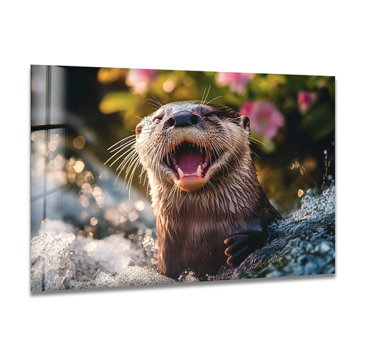 A cheerful otter pops out of textured, layered water in this vibrant glass art piece.