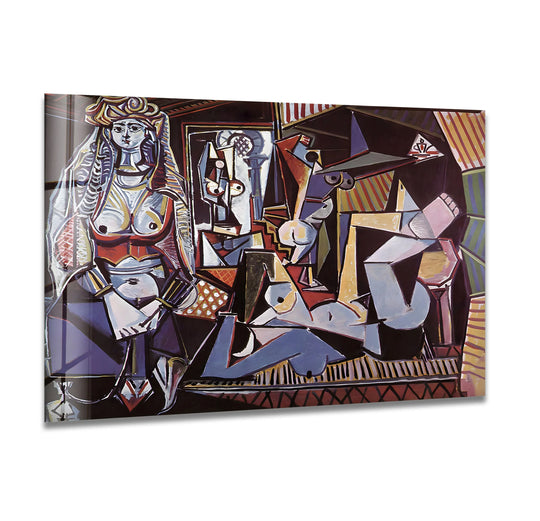 The Women of Algiers glass art painting by Picasso showcases intricate details of figures and vibrant colors.