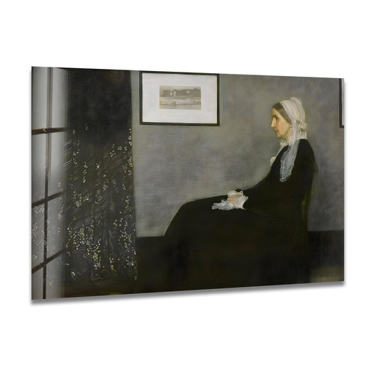 Whistler's Mom James Abbott McNeill Whistler glass wall art features a woman in a black dress and white bonnet, a serene and prominent oil painting artwork.