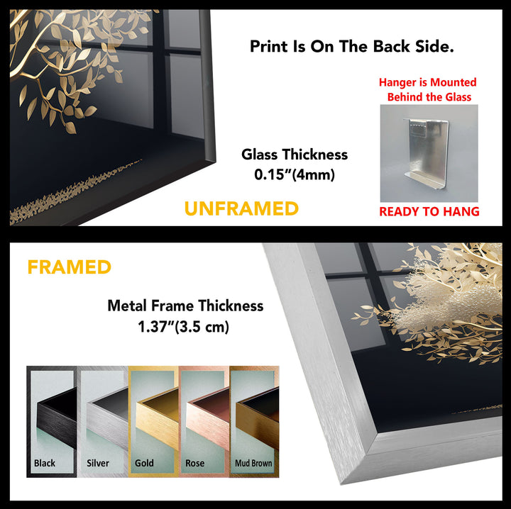 Abstract golden tree branches and leaves elegantly rendered on dark art from glass, forming a modern wall art piece.