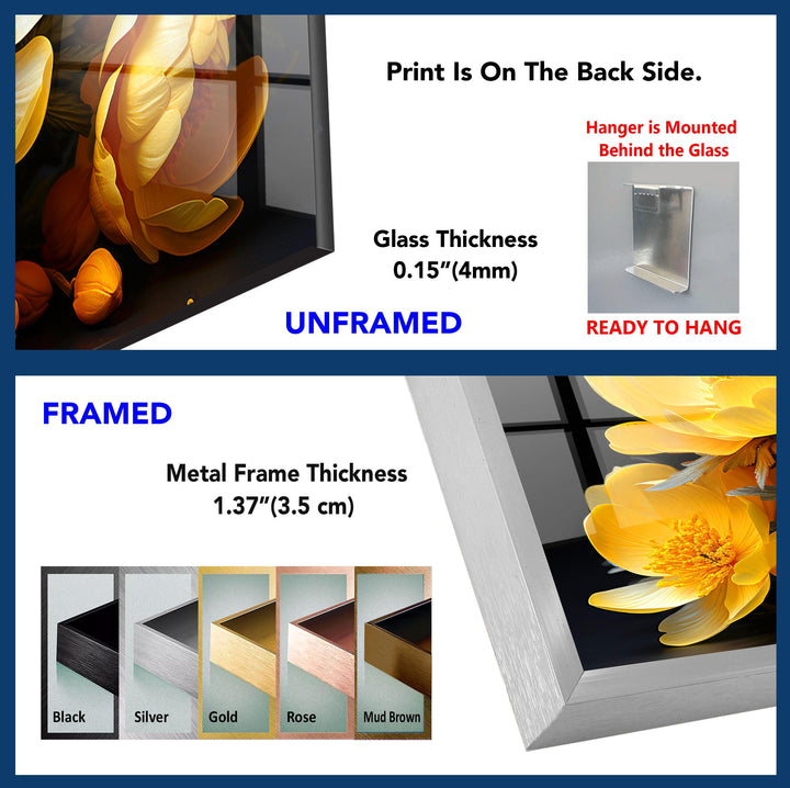 Yellow Peony Bouquet Glass Wall Art, custom glass pictures, glass art prints