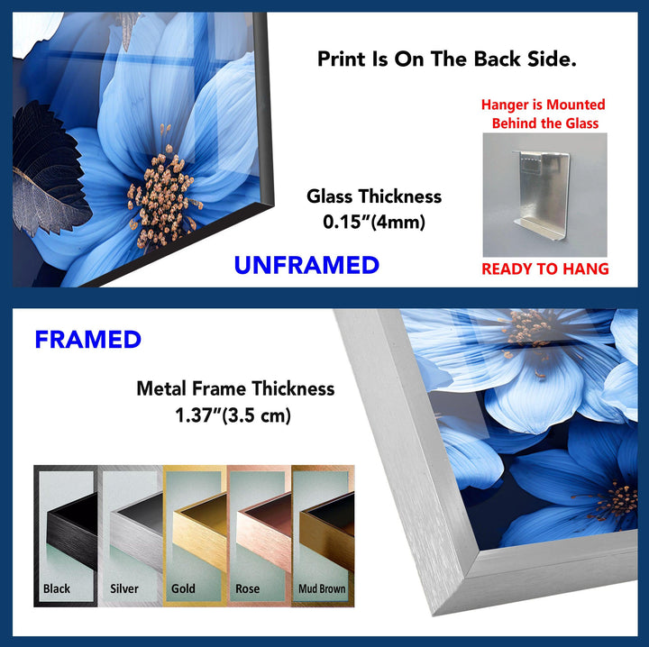 Botanical Blue Flower Glass Wall Art, glass art painting, glass art for the Wall