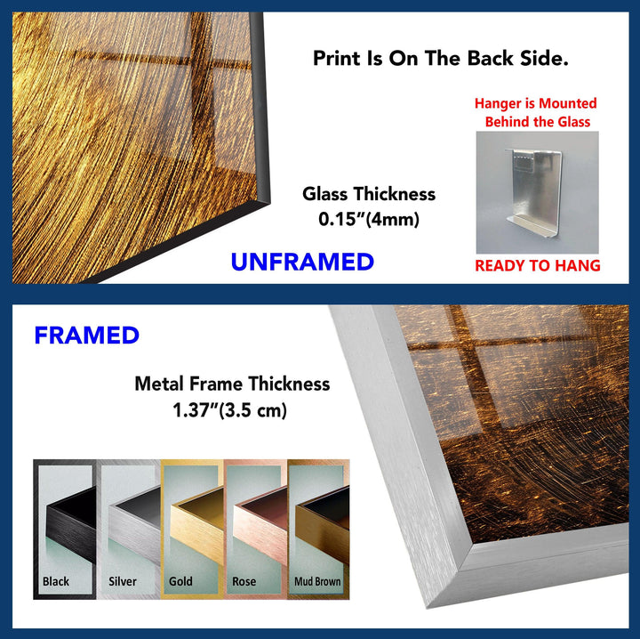 Abstract golden waves 3D rendering of a shiny metal surface on glass prints