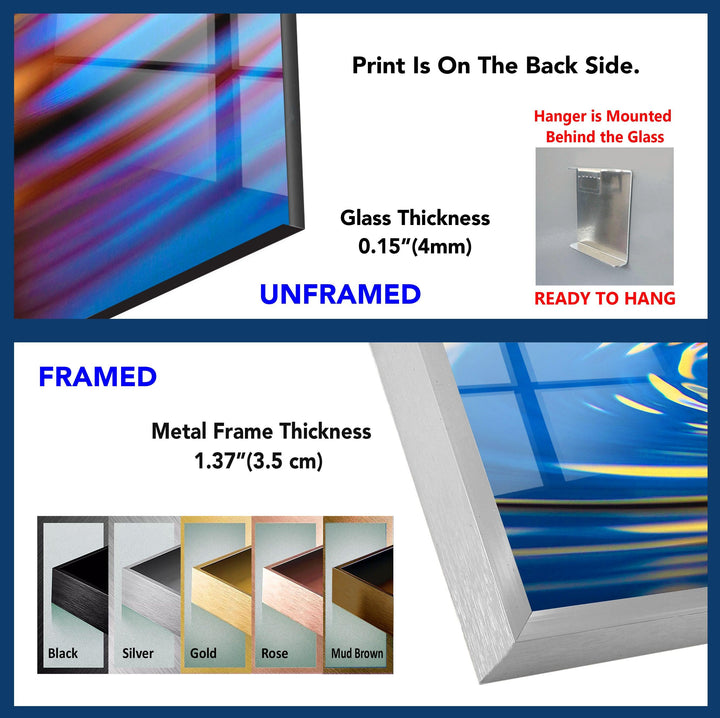Luxurious glass wall art with a close-up view of water ripples in stunning color contrast.
