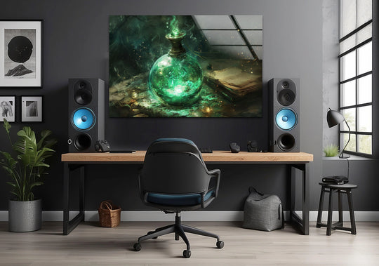 The mystical Elixir print wall art uses dramatic light and shadow to cast an eerie glow on the glowing potion.