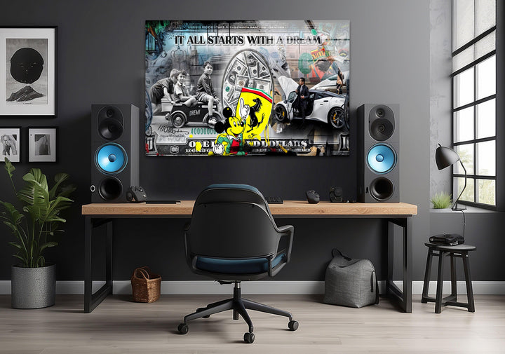 Money & Mickey Mouse Glass Wall Art print picture on glass, Tempered Glass Wall Art
