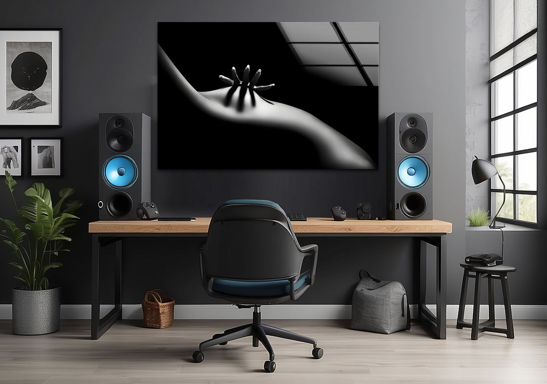 Sophisticated erotic nude art paired with sleek glass wall decor ideas
