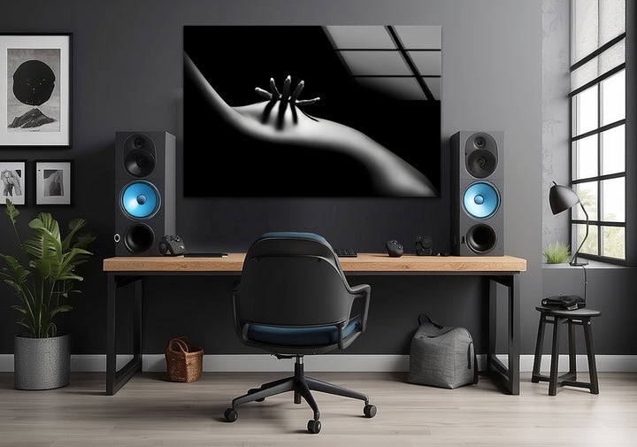 Sophisticated erotic nude art paired with sleek glass wall decor ideas
