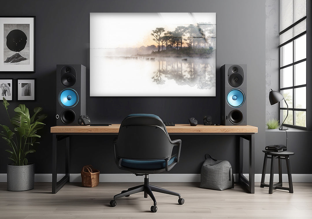Landscape art for sale showcasing a mist-covered lake with delicate tree silhouettes.
