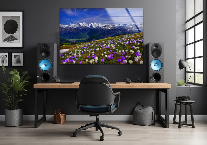 Alpine Meadow Glass Wall Art – Majestic Mountain & Blooming Wildflower Landscape