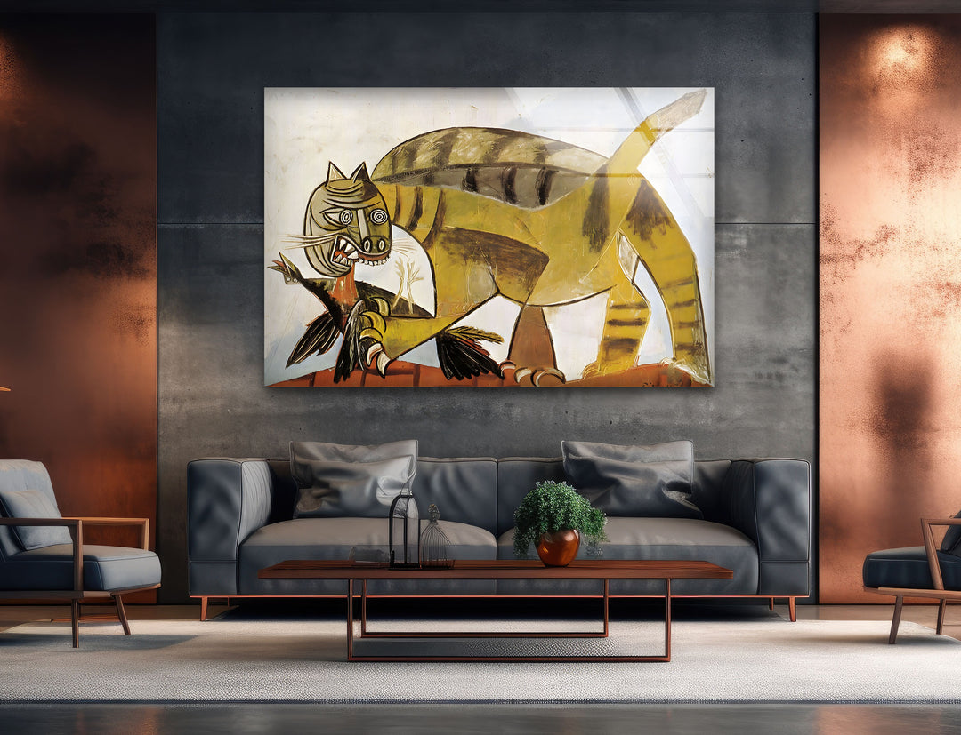 Cat Devouring a Bird by Pablo Picasso Glass Wall Art