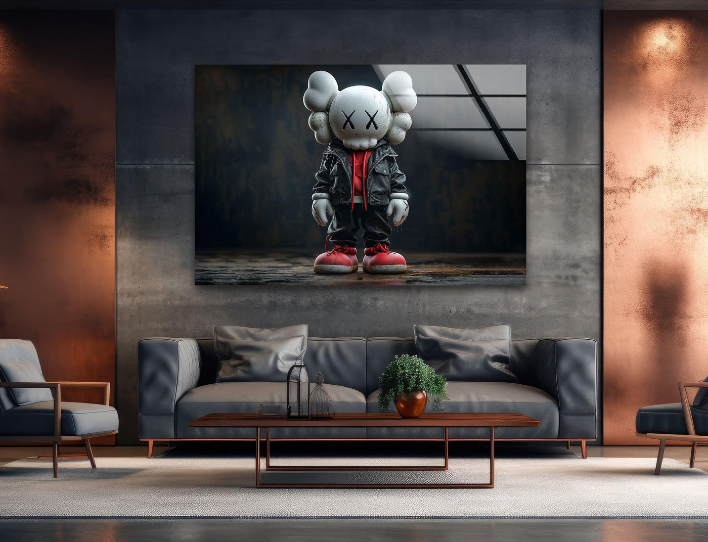 A striking Kaws black glass wall art with x-eyes stands as the loudest element.