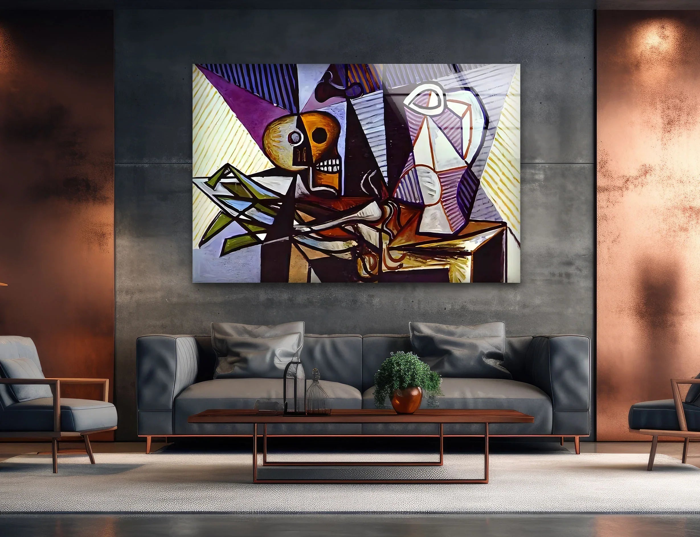 Pablo　Picasso、ワイングラス、希少な額装用画集より、新品高級額装付 Vintage Pablo Picasso Art Painting – Skull and Guitar Wall Art