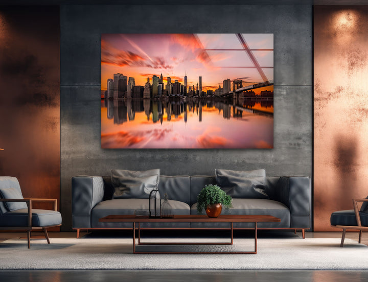 Glaswandkunst New York City – Spiegelung der Brooklyn Bridge und der Skyline bei Sonnenuntergang