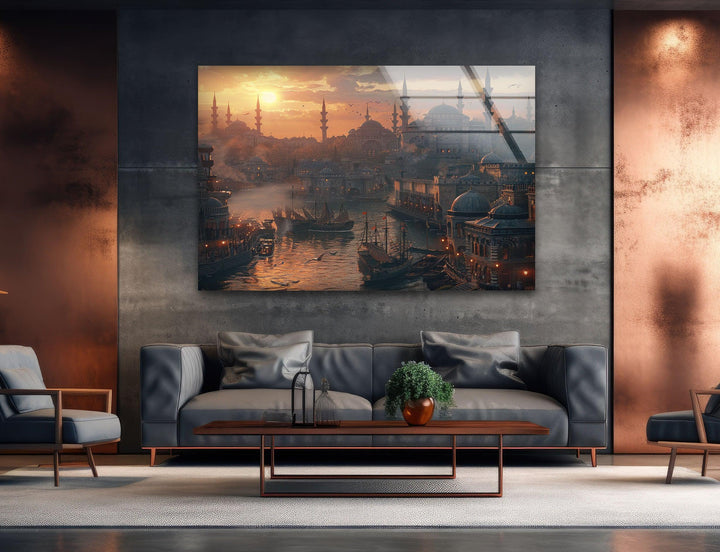 Sunset Istanbul in Ancient Times Glass Wall Art glass pictures for Wall, glass prints wall art
